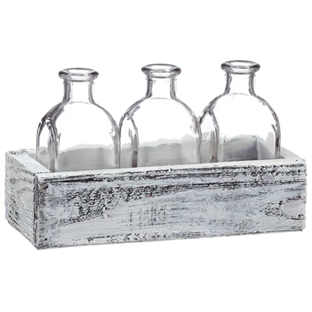 Glass x3 in Wood Box Clear Whitewashed 4.5inH x 3.25inW x 7.5inL