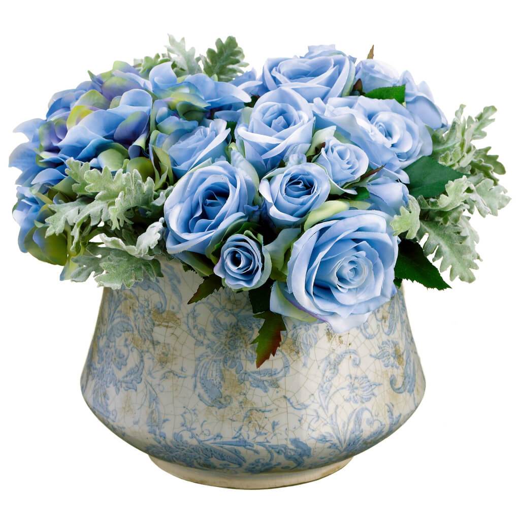 10inH x 11inW x 12inL Rose/Dusty Miller/Hydrangea in Terra Cotta Pot Blue