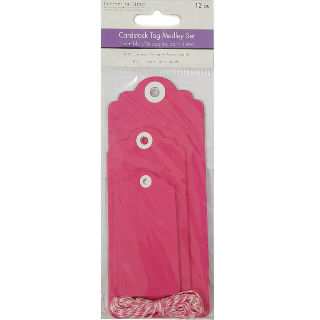 Paper Craft Emb Cardstock Trendy Tags 12pc with Bakers Twine, Pink