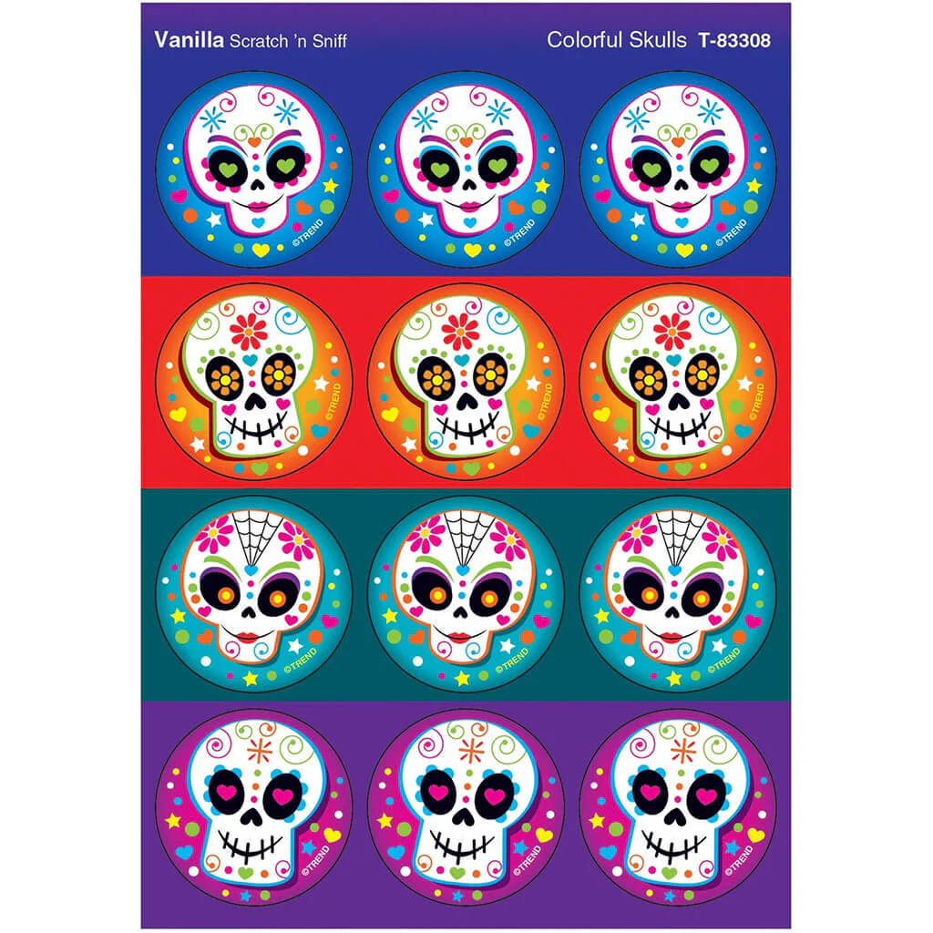 Colorful Skulls, Vanilla scent Scratch 'n Sniff Stinky Stickers
