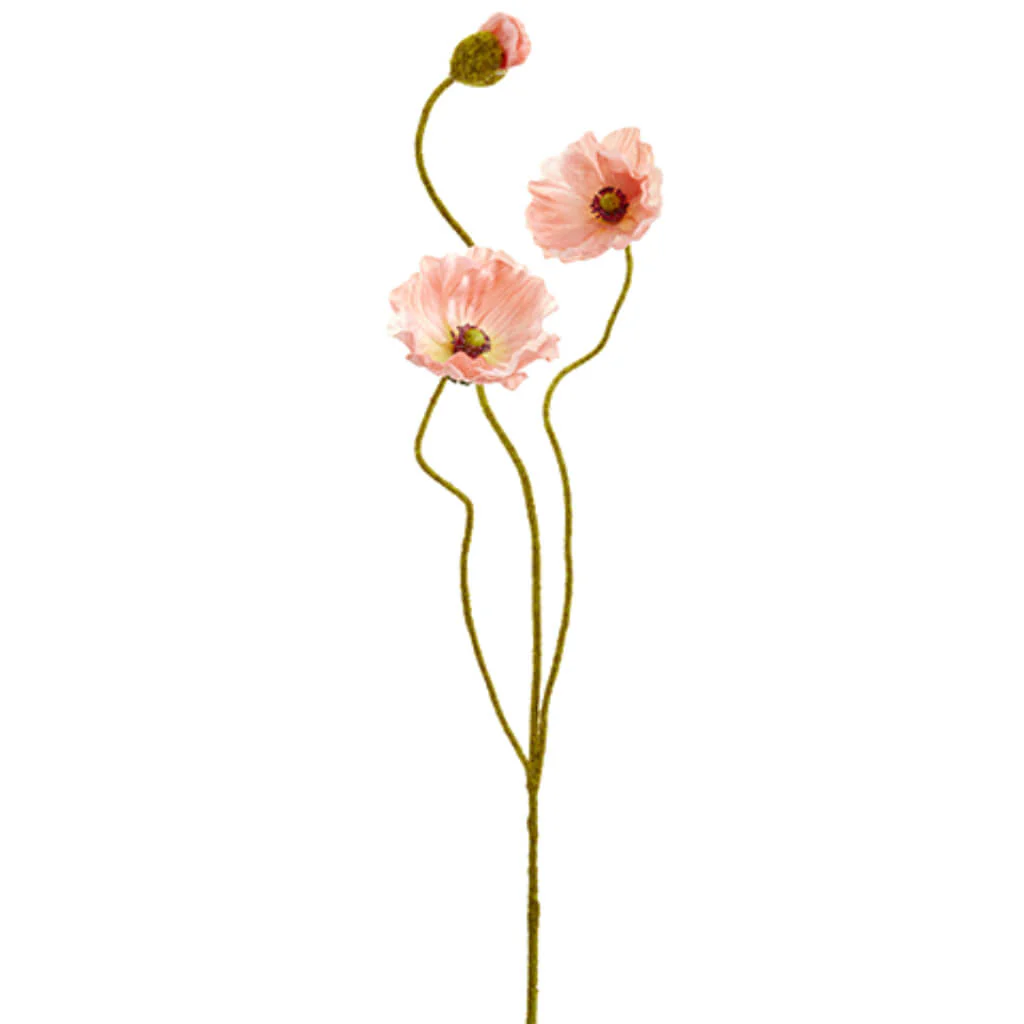 Poppy Spray with 2 Flowers and One Bud 24.4in Coral
