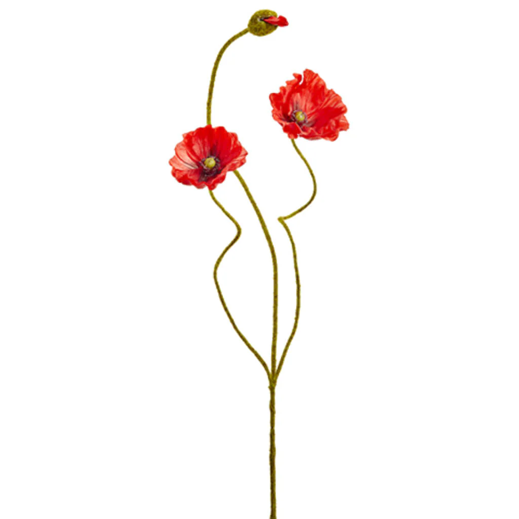 Poppy Spray with 2 Flowers and One Bud 24.4in Red