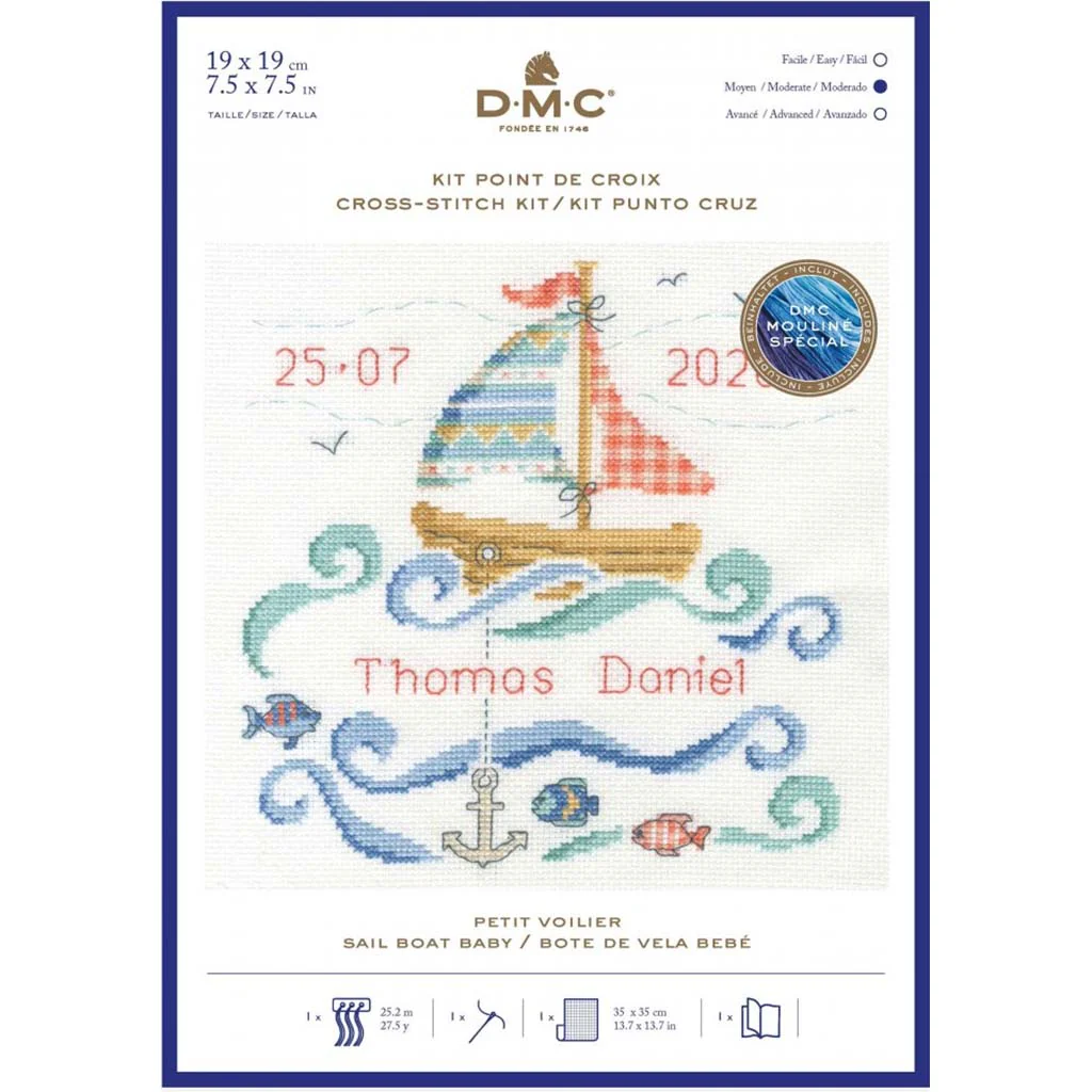 Cross Stitch Kit 19cm x 19cm, Sail Boat Baby