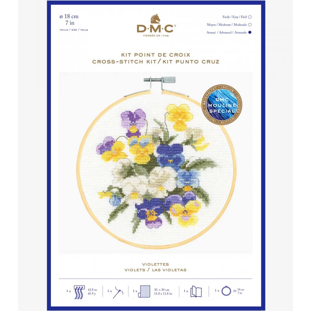 Counted Cross Stitch Kit 18cm, Violets