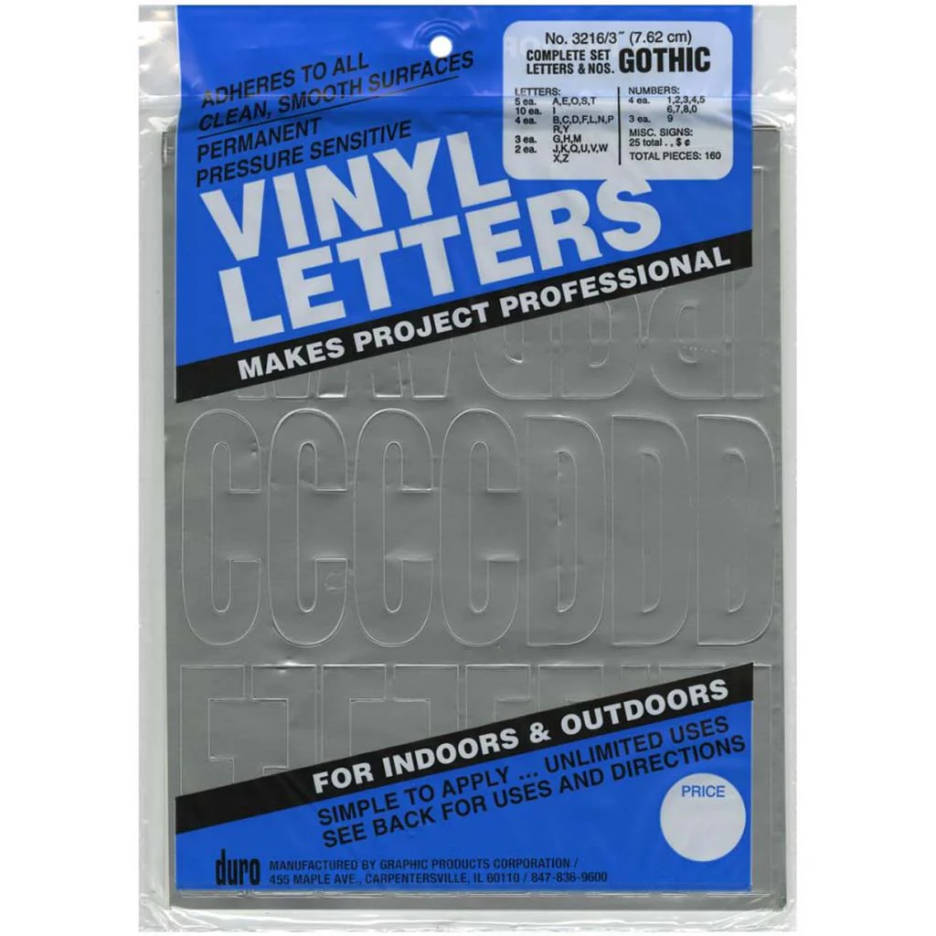 Permanent Adhesive Vynil Letters and Number Gothic Silver