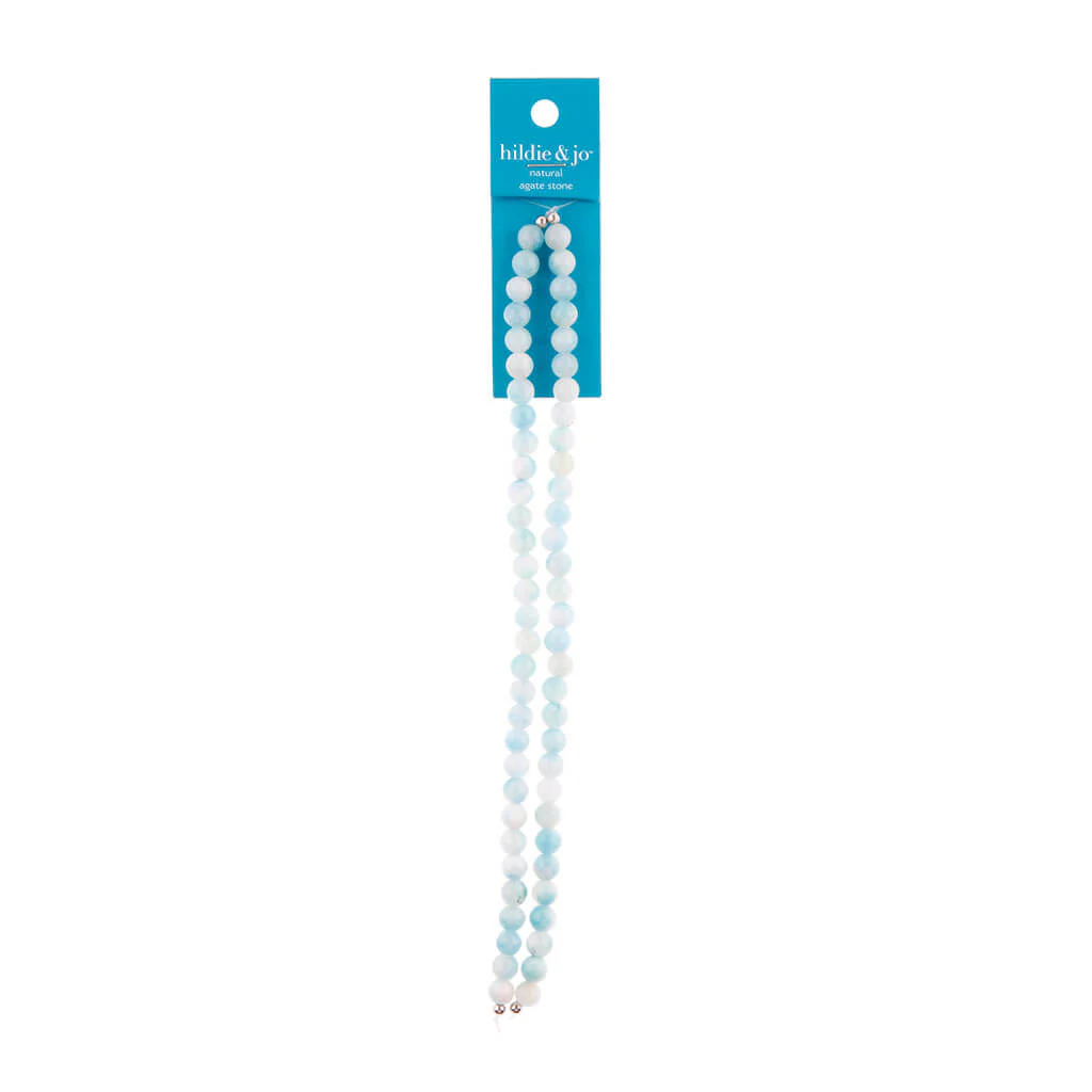 Clear & Blue Round Agate Stone Strung Beads 14in