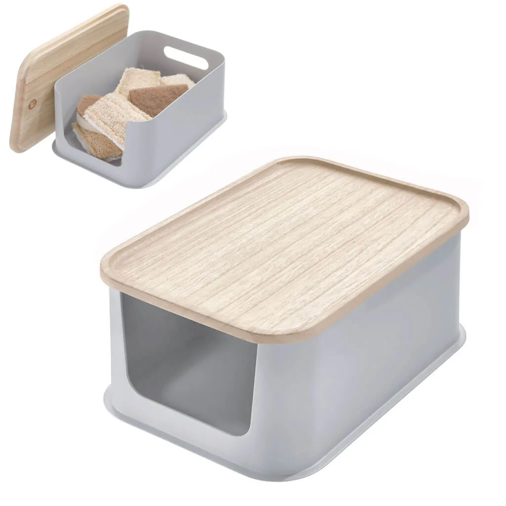 Medium Open Front Bin & Wood Lid 8.4in x 11.9in x 5in Gray