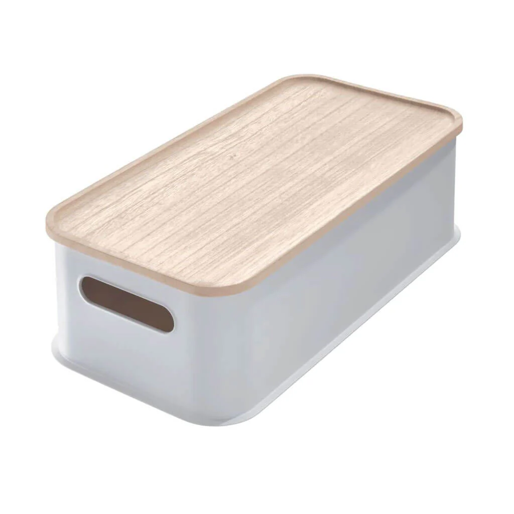 Medium Storage Bin with Handl & Wood Lid 8.4in x 16.9in x 5in, Gray
