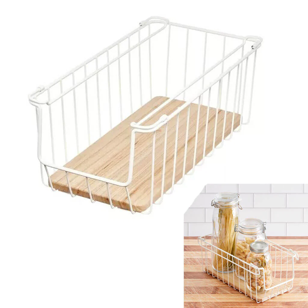 Wire & Paulownia Wood Open Front Bin 16in x 8in x 6in, Cream