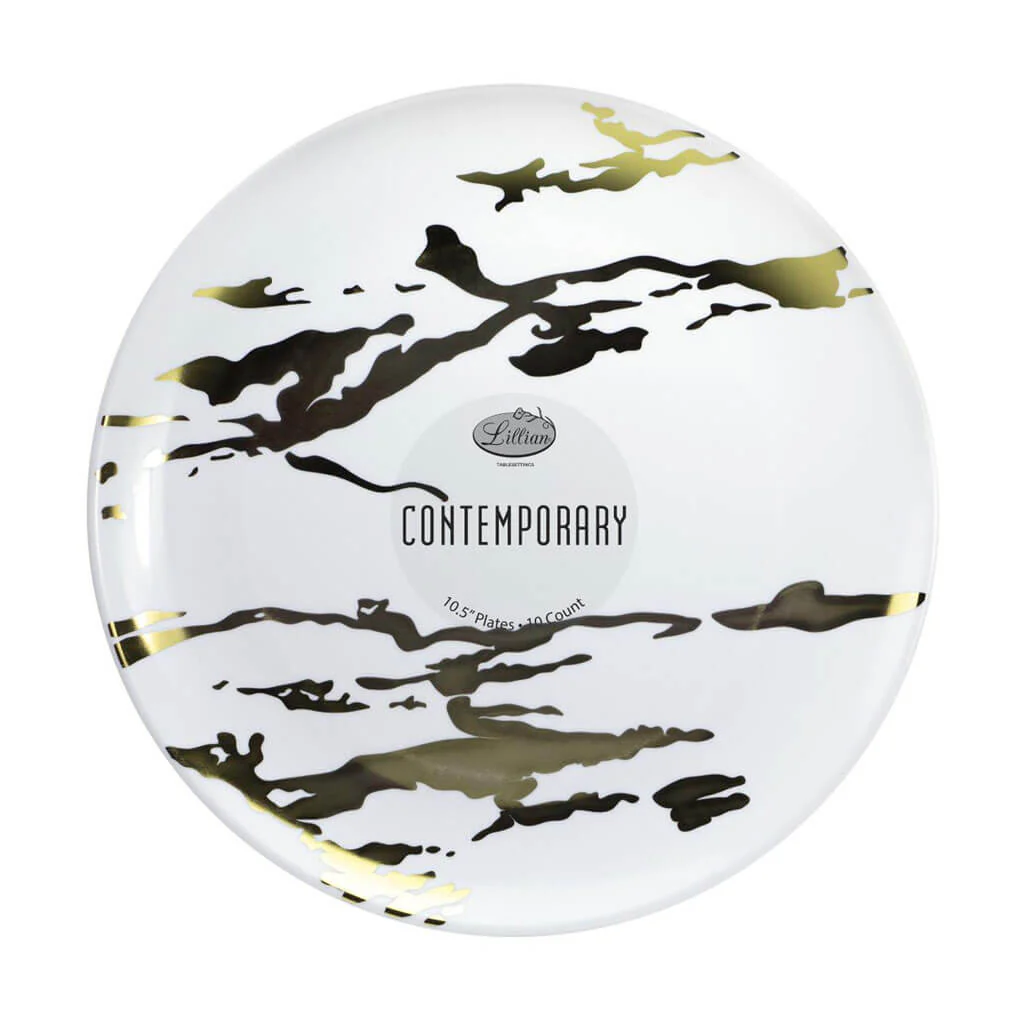 Gold on White Marble Plate 10.5in, 10ct