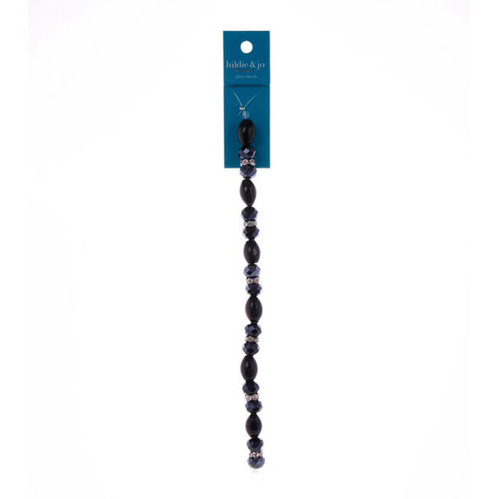 Black Glass & Metal Crystal Cat's Eye Bead Strand 7in