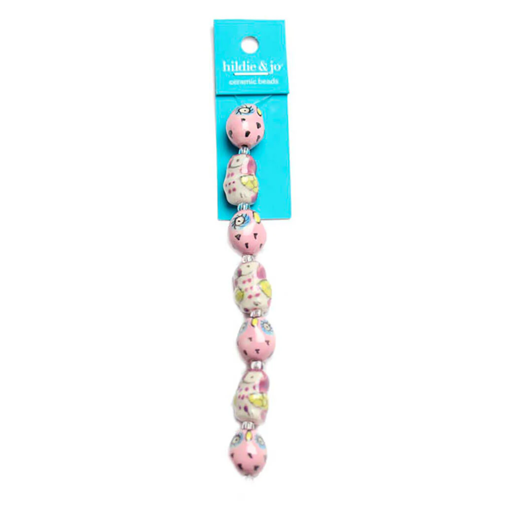 Pink & Purple Ceramic Owl Strung Beads 12mm x 16mm