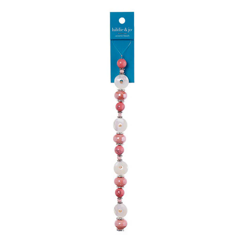 Blush Pink & White Ceramic Strung Beads 7in