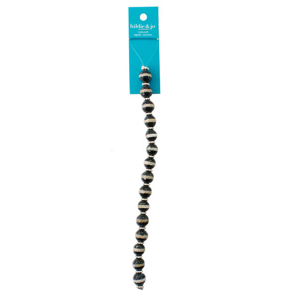 Black & Taupe Agate Stone Strung Beads 7in