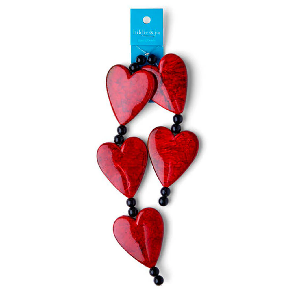 Red Marble & Black Resin Heart Bead Strand 12in