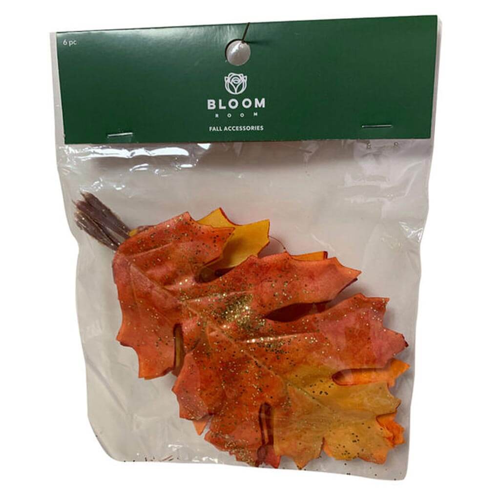 Fall Orange & Red Glitter Oak Leaf Accents, 4in