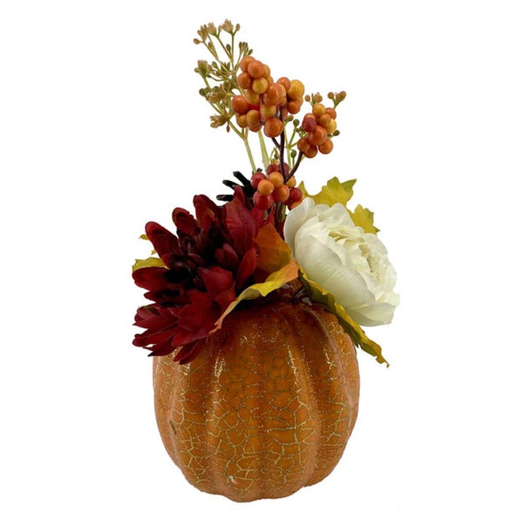 Fall Red Mum & Dahlia Arrangement With Pumpkin, 10in