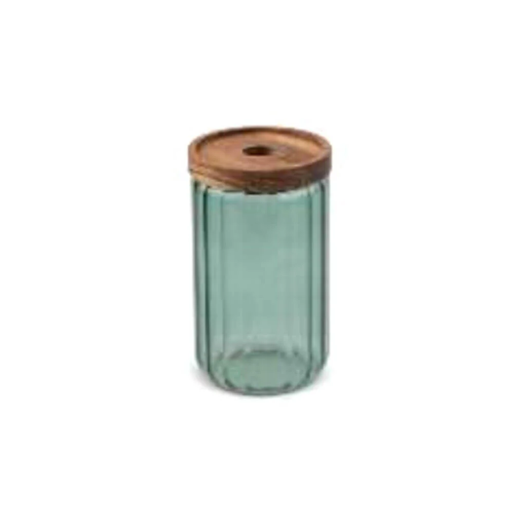 Ribbed Glass Canister 27.05oz with Acacia Lid, Matcha