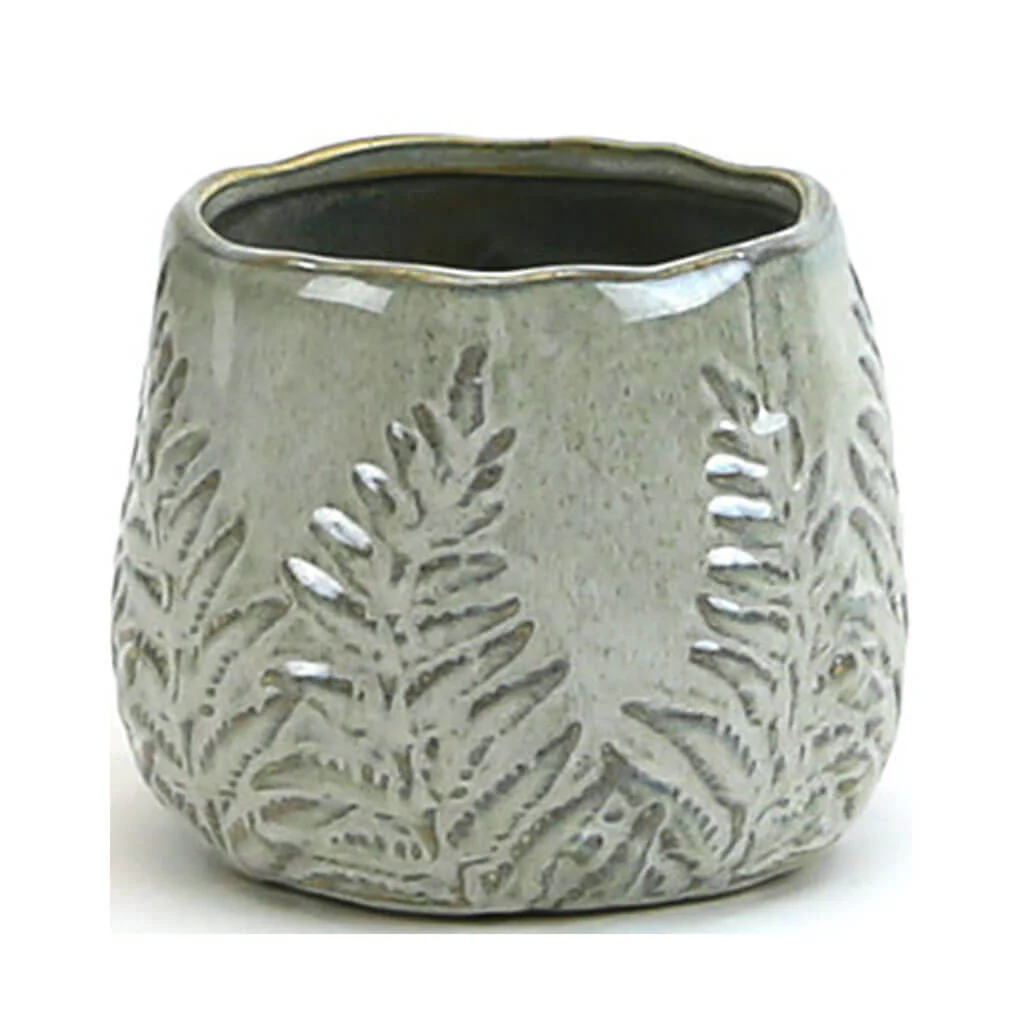 Medium Beige Reactive Glazed Bowl With Fern Print 6" W X 5" H