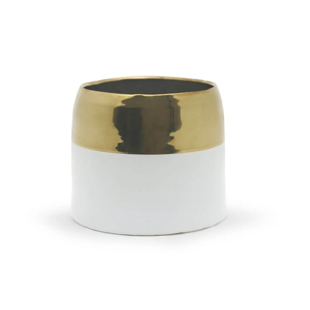 White Ceramic Pot With Gold Rim 7.5" W X 6.5" H