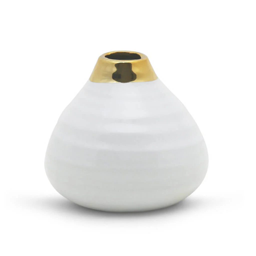 Medium White Round Bud Vase With Gold Rim 4.1"X3.5"H