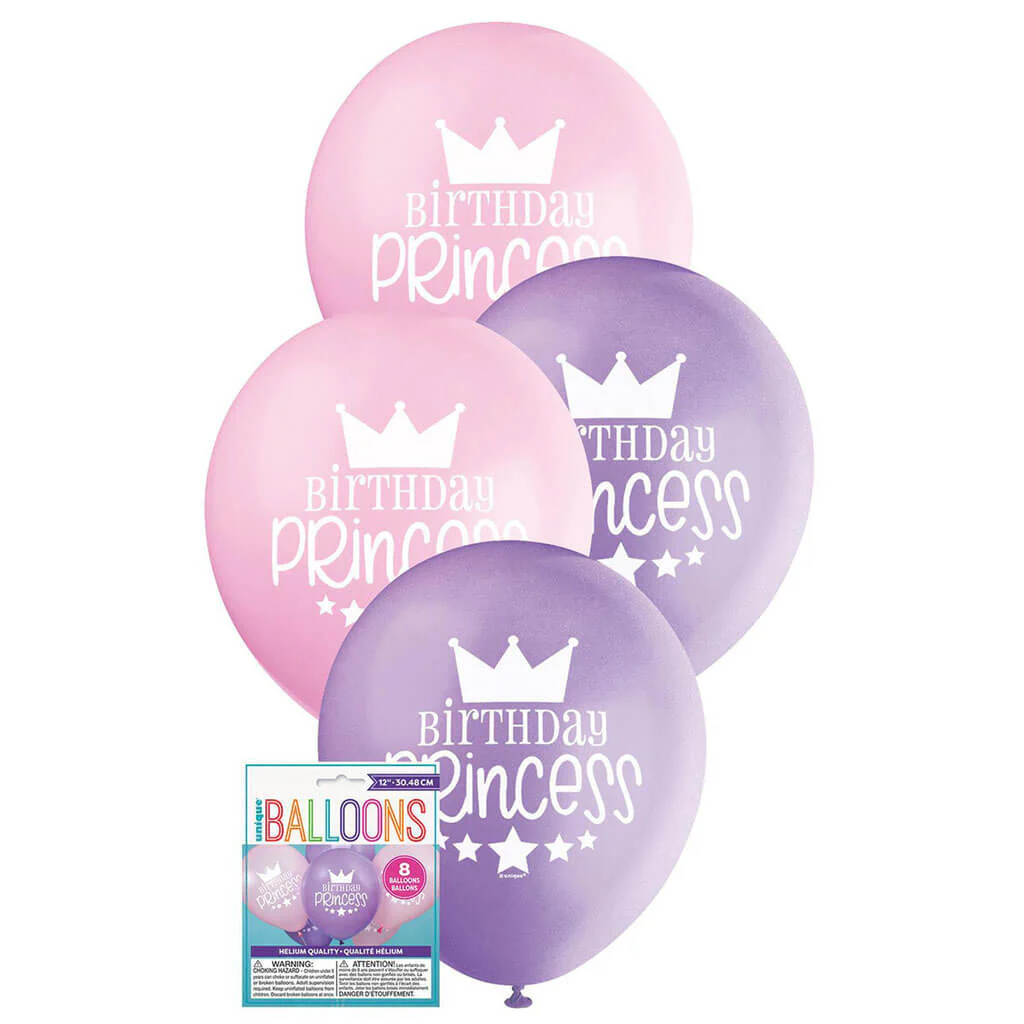 Pink & Purple Birthday Princess Balloons 12in, 8ct