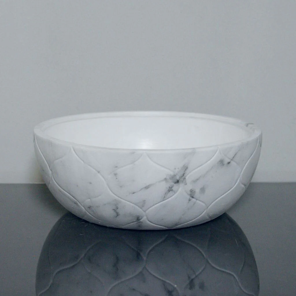 Wide Ceramic Marble Bowl Vase 10in x 3.75in, White