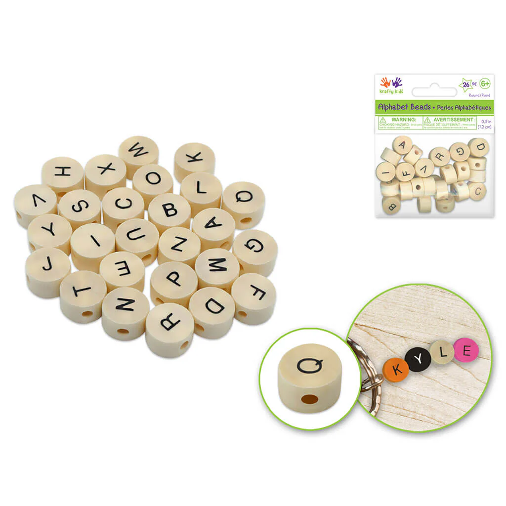 Wood Beads: 1.2cm x 7mm(T) Round Alphabet Beads 26pc Asst, Natural