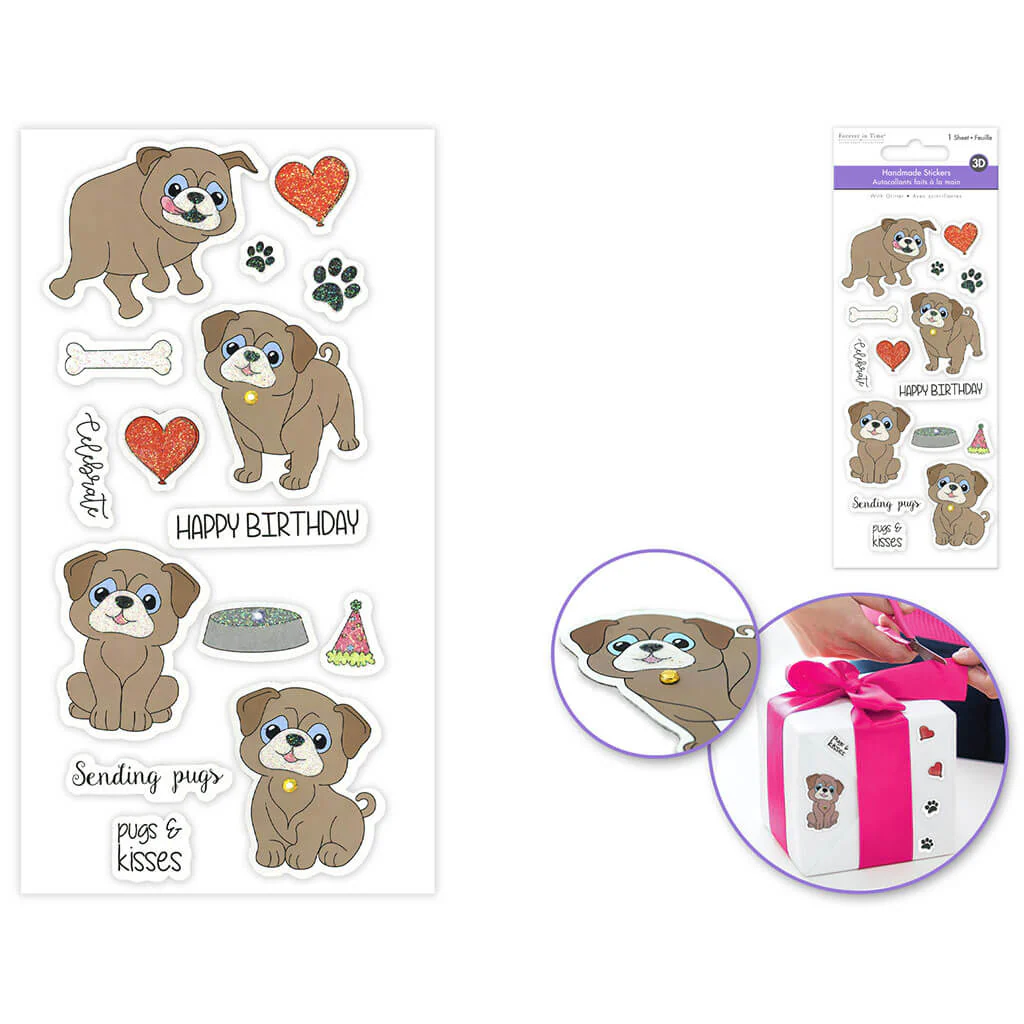 Handmade Sticker: 3D Glitter Cardstock Elements 250gsm, Pugs & Kisses