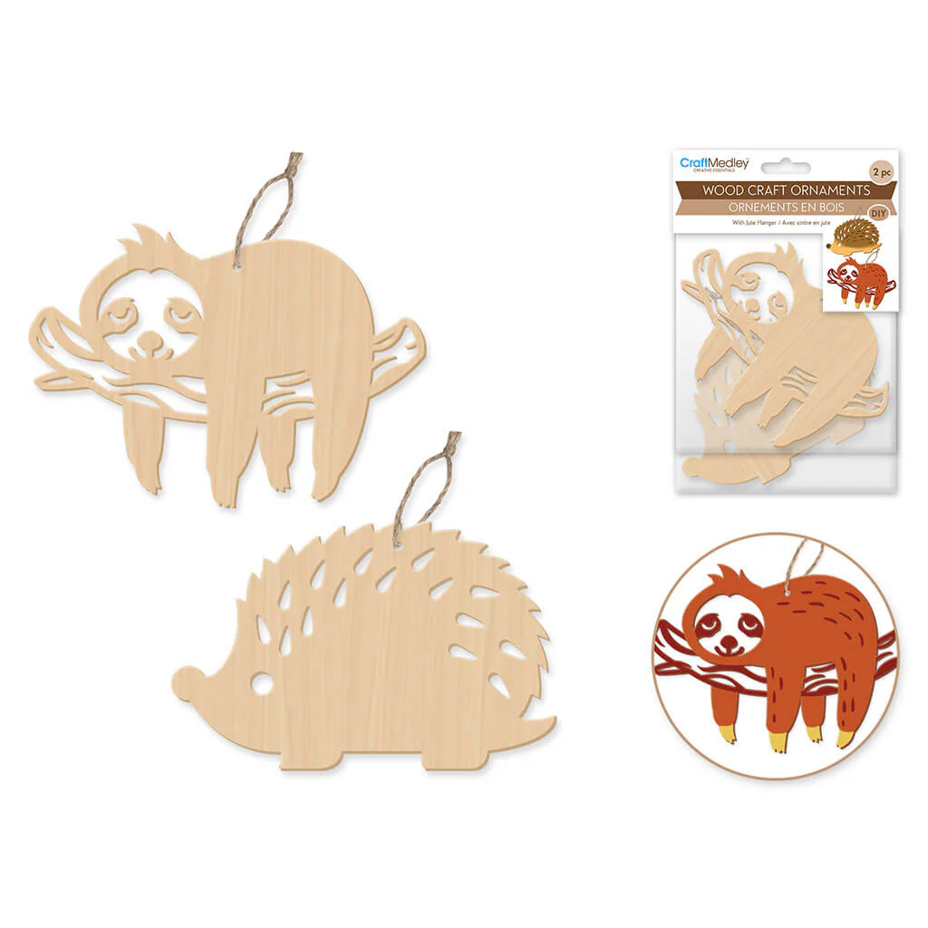 Wood Craft: Wood Ornaments x2 Asst Laser-Punch with Jute Cord Hanger, Creatures