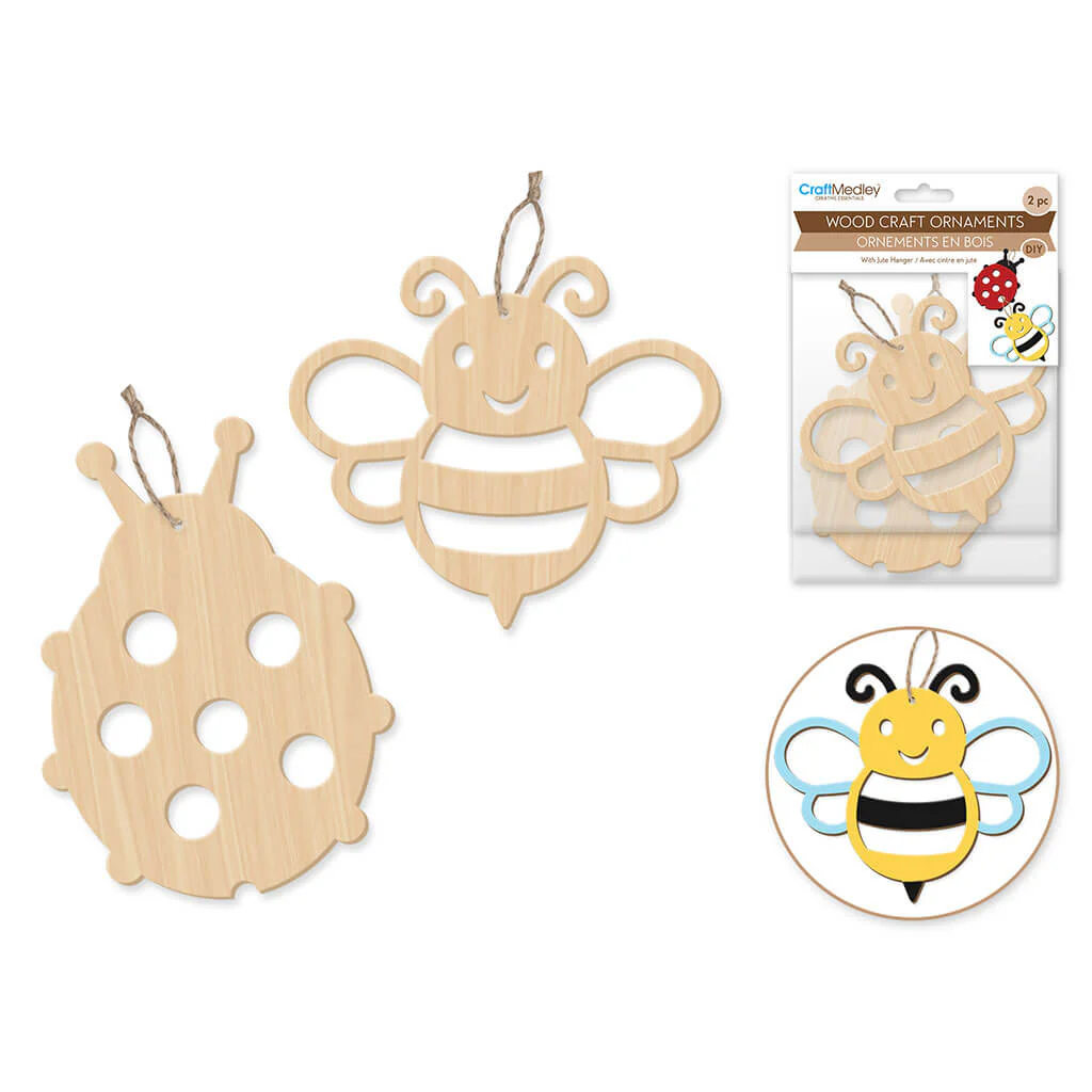 Wood Craft: Wood Ornaments x2 Asst Laser-Punch with Jute Cord Hanger, Bugs