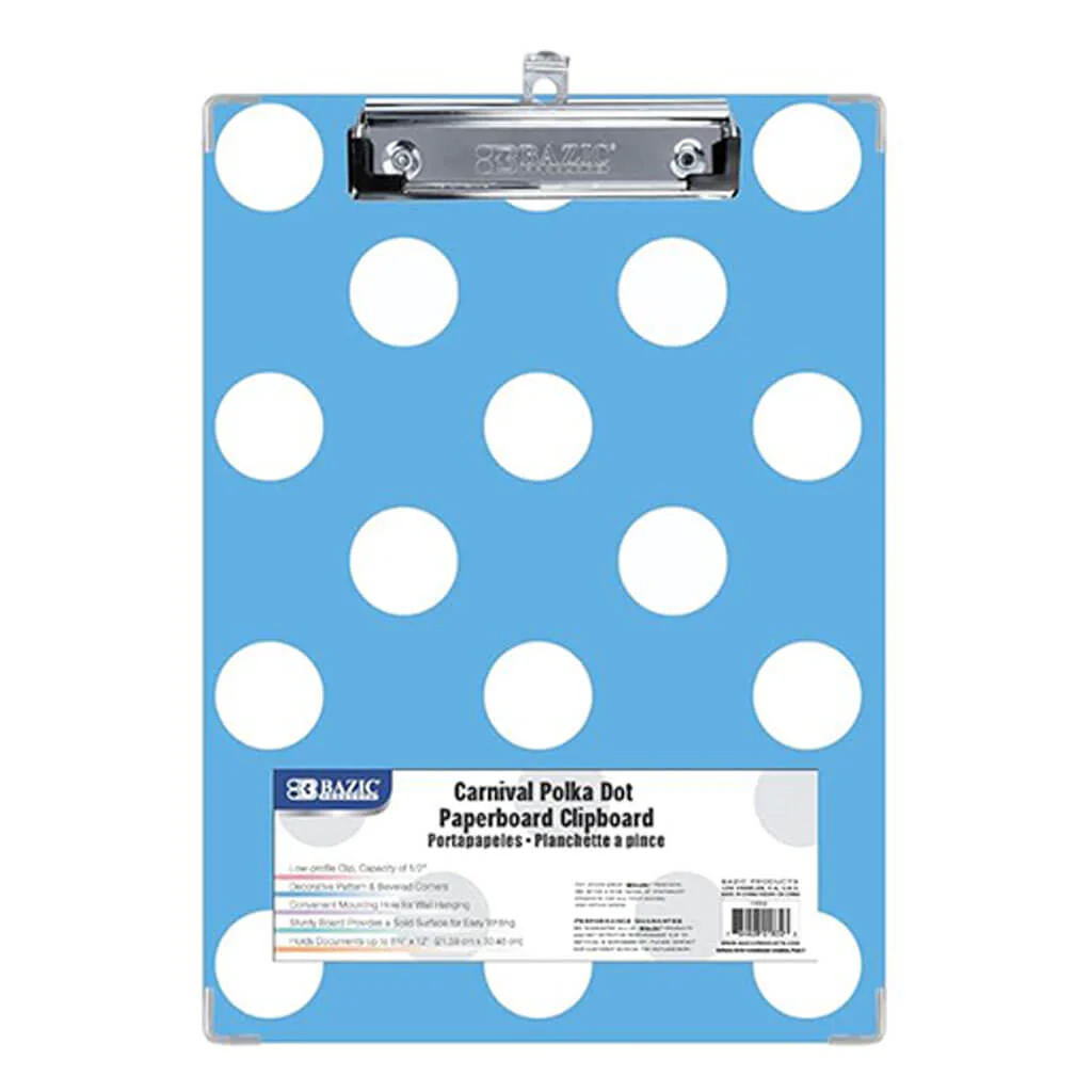 BAZIC Standard Size Carnival Polka Dot Paperboard Clipboard with Low Profile Clip Blue