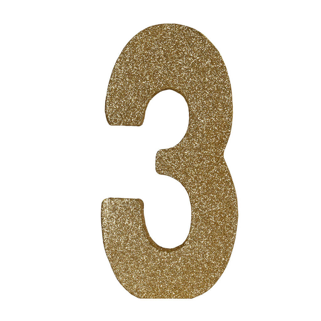 3-D Glittered "3" Centerpiece Gold, 8in x 4in x 1in