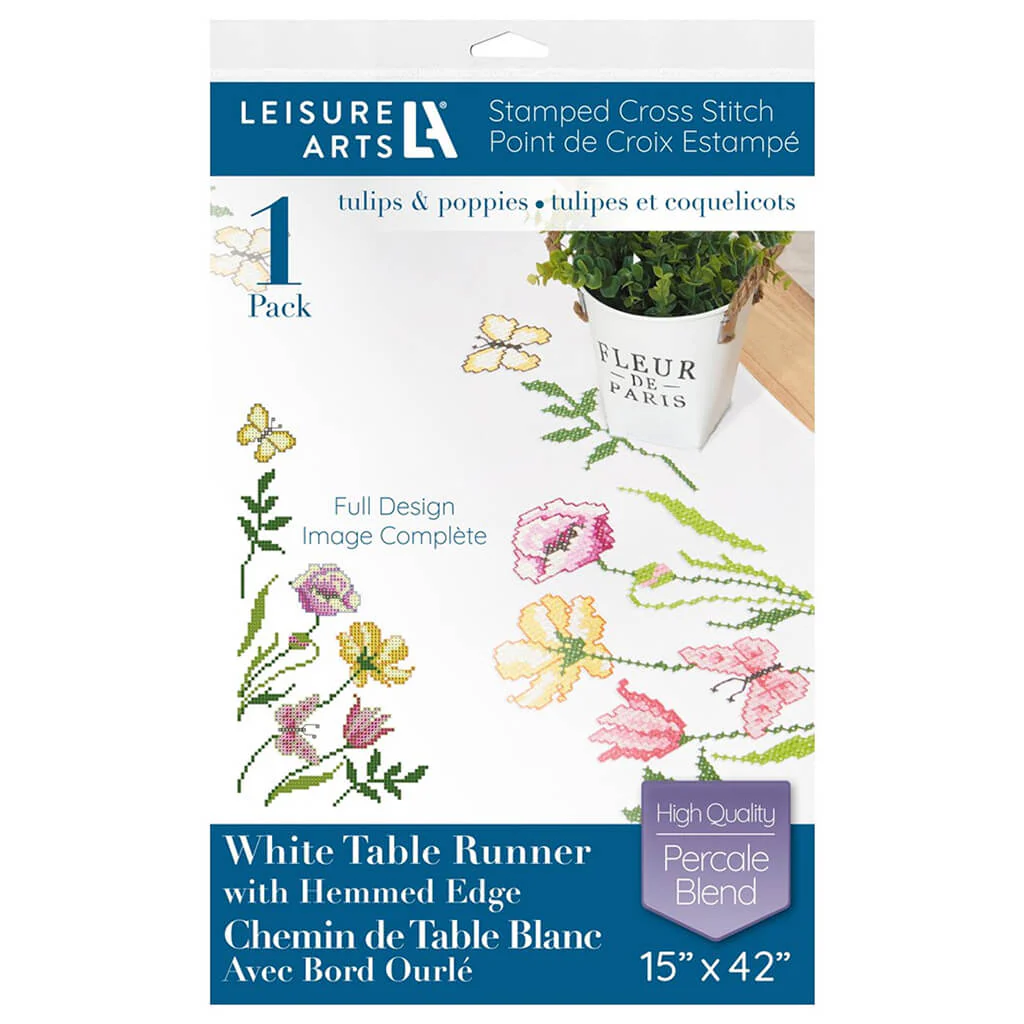 Leisure Arts Table Runner Embroidery Kit 15in x 42in, Tulips & Poppies