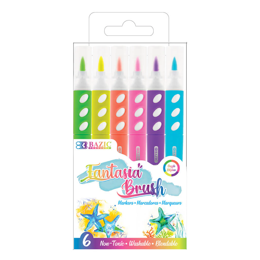 6 Fluorescent Colors Brush Markers