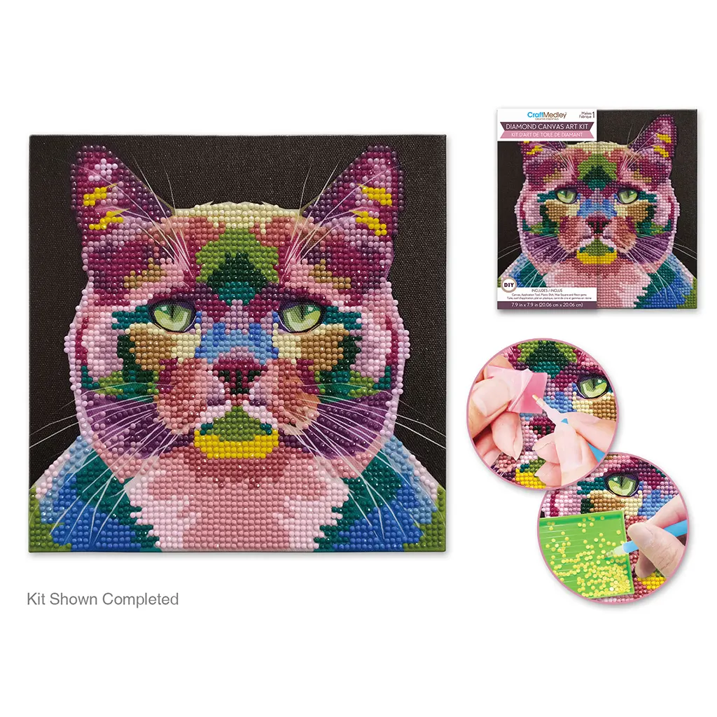 Stretch Artist Diamond Painting Canvas Kit 7.9in x 7.9in Primed Back-Stapled Cat