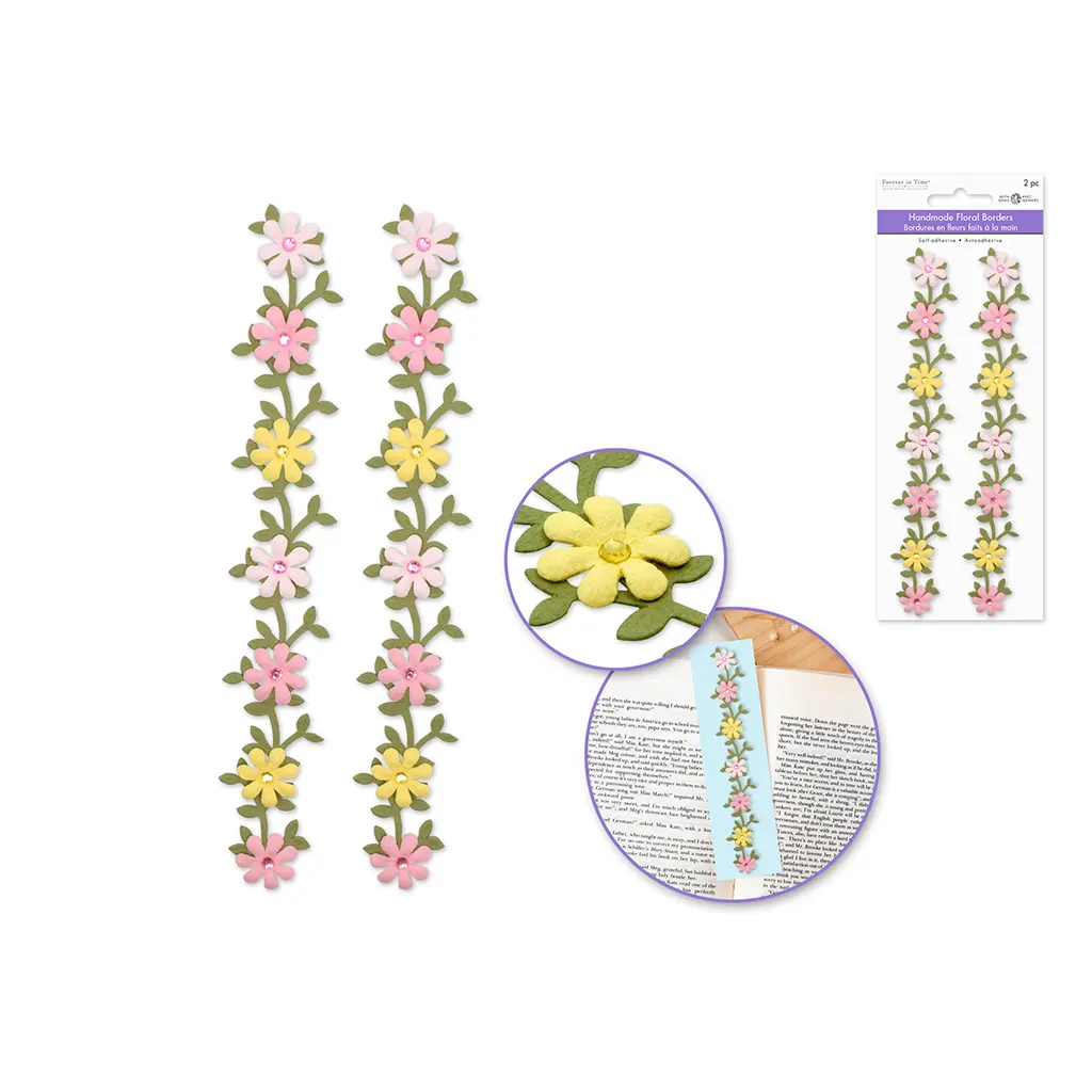 6.4IN Handmade Paper Floral Border Vine 2pc w/Gem Pretty