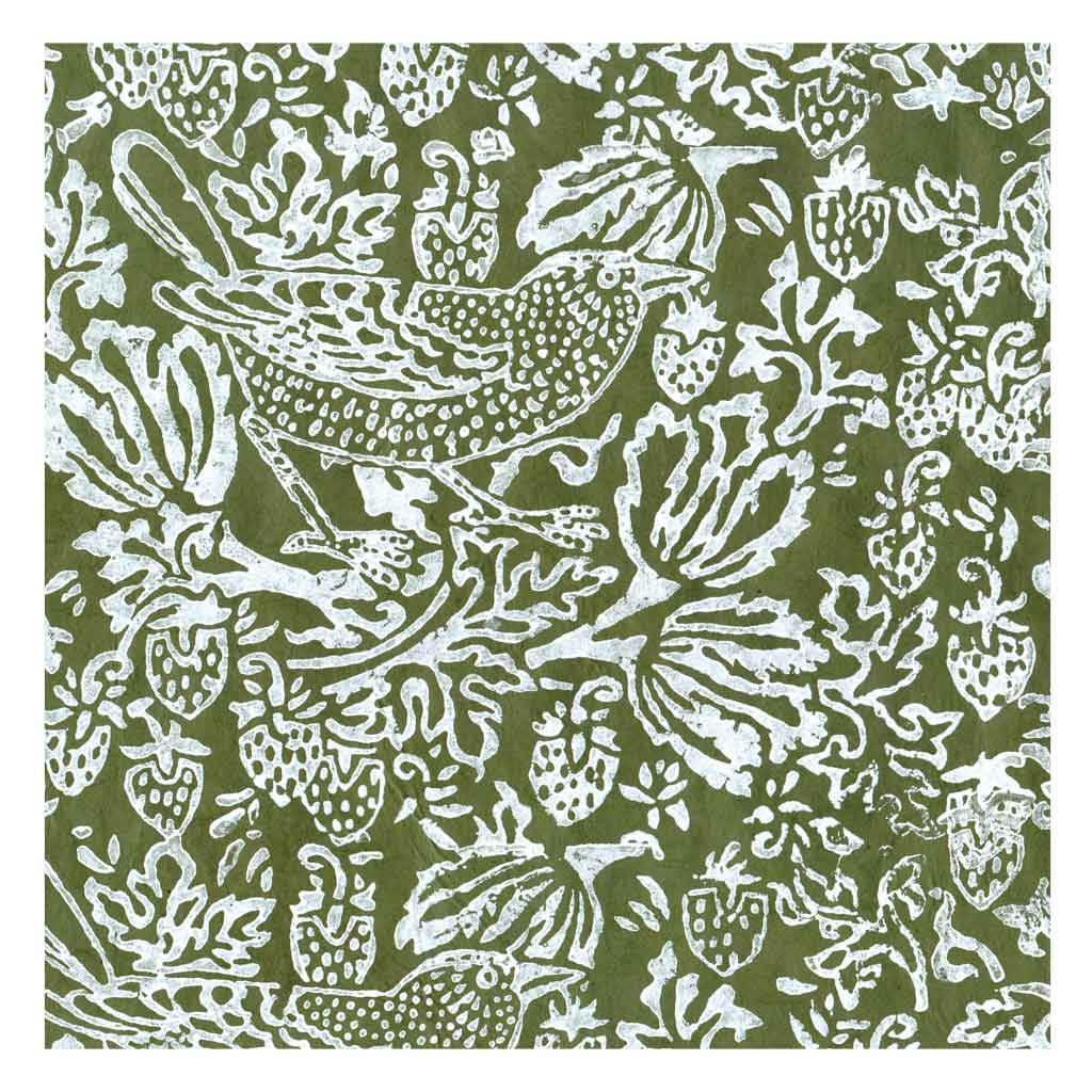 Lamali Decorative Lokta Paper Thrush & Strawberries 60gsm 20in x 30in, Avocado
