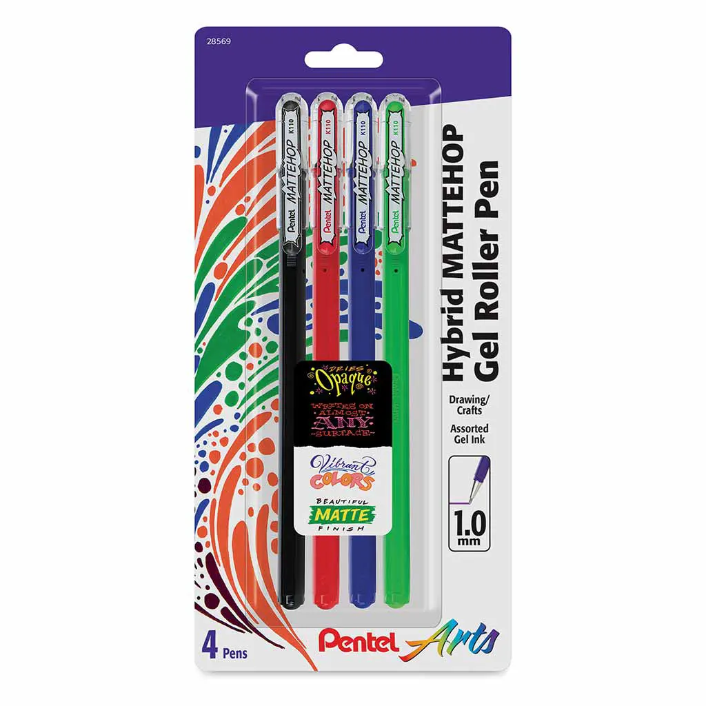 Hybrid Mattehop Gel Roller Pen Sets,4-Color Set (Matte Black, Matte Red, Matte Blue & Matte Green) 1MM