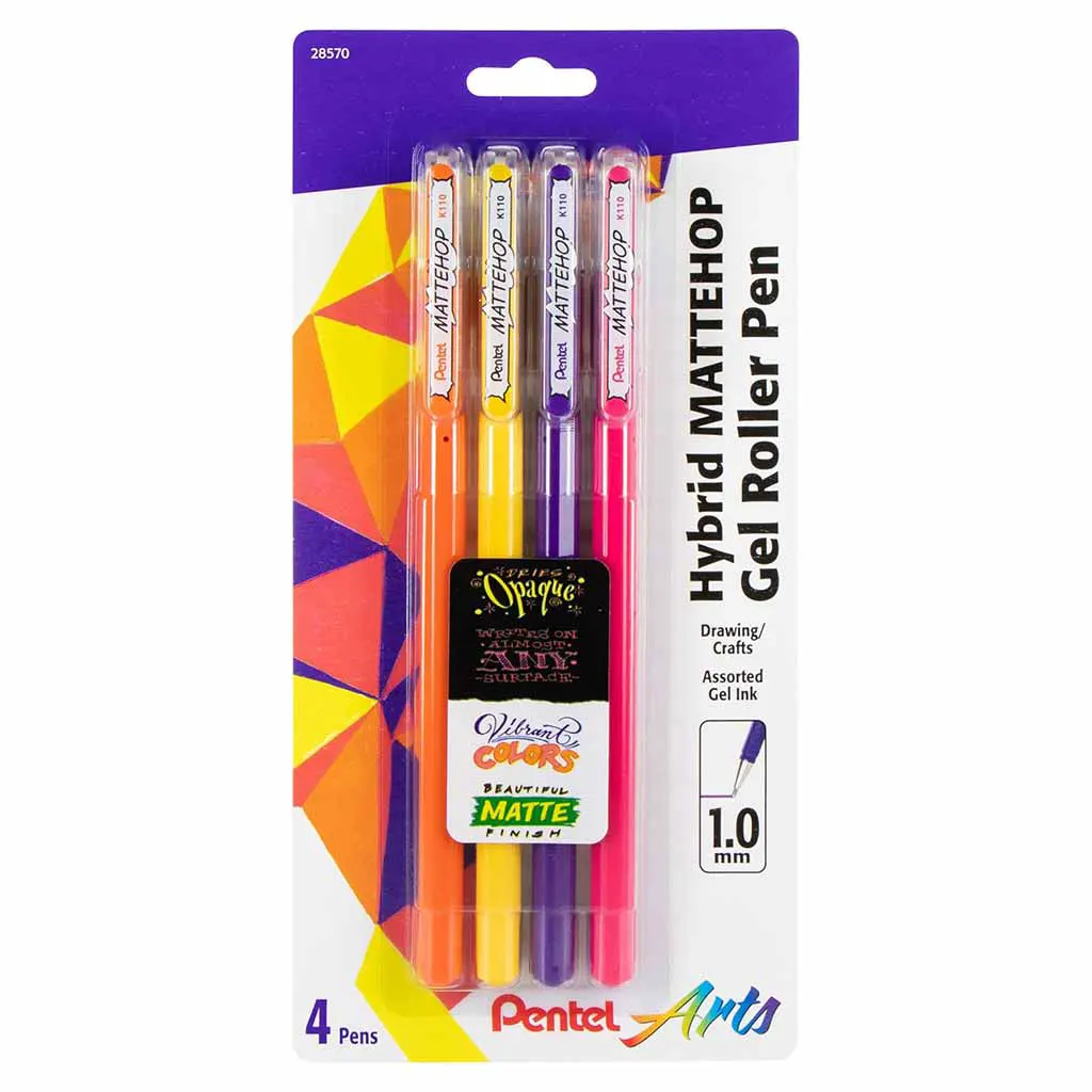 Hybrid Mattehop Gel Roller Pen Sets,4-Color Set (Matte Orange, Matte Yellow, Matte Pink & Matte Violet) 1MM