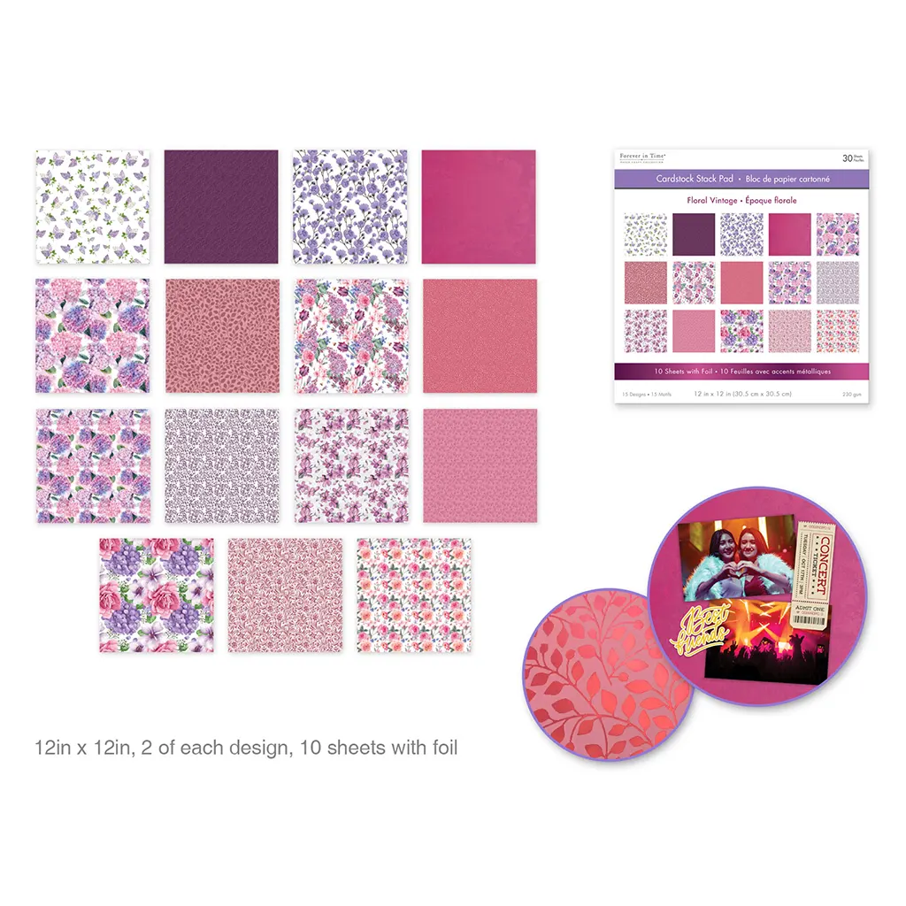 Cardstock: 12in x 12in Foil Themed Stack Pad x30 (15 Designs) 230GSM Floral Vintage