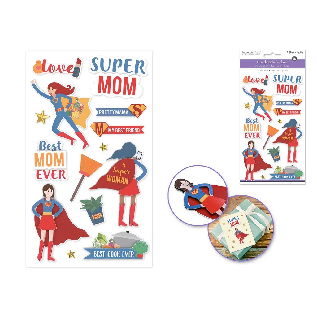 Handmade Sticker: 4.4in x 7.5in 3D Themed Elements Super Mom