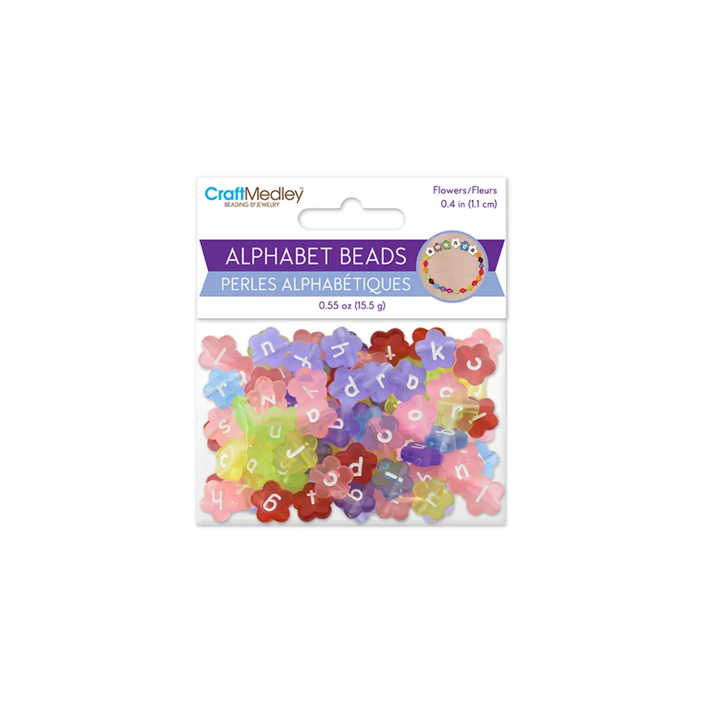 Alphabet Beads: 11mm Flower x50 4mm(T) Multi w/White Letters