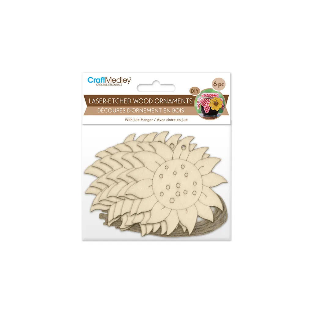 Wood Craft: 3.5" Laser-Etched Wood Shapes 6pc w/Jute Sunflower