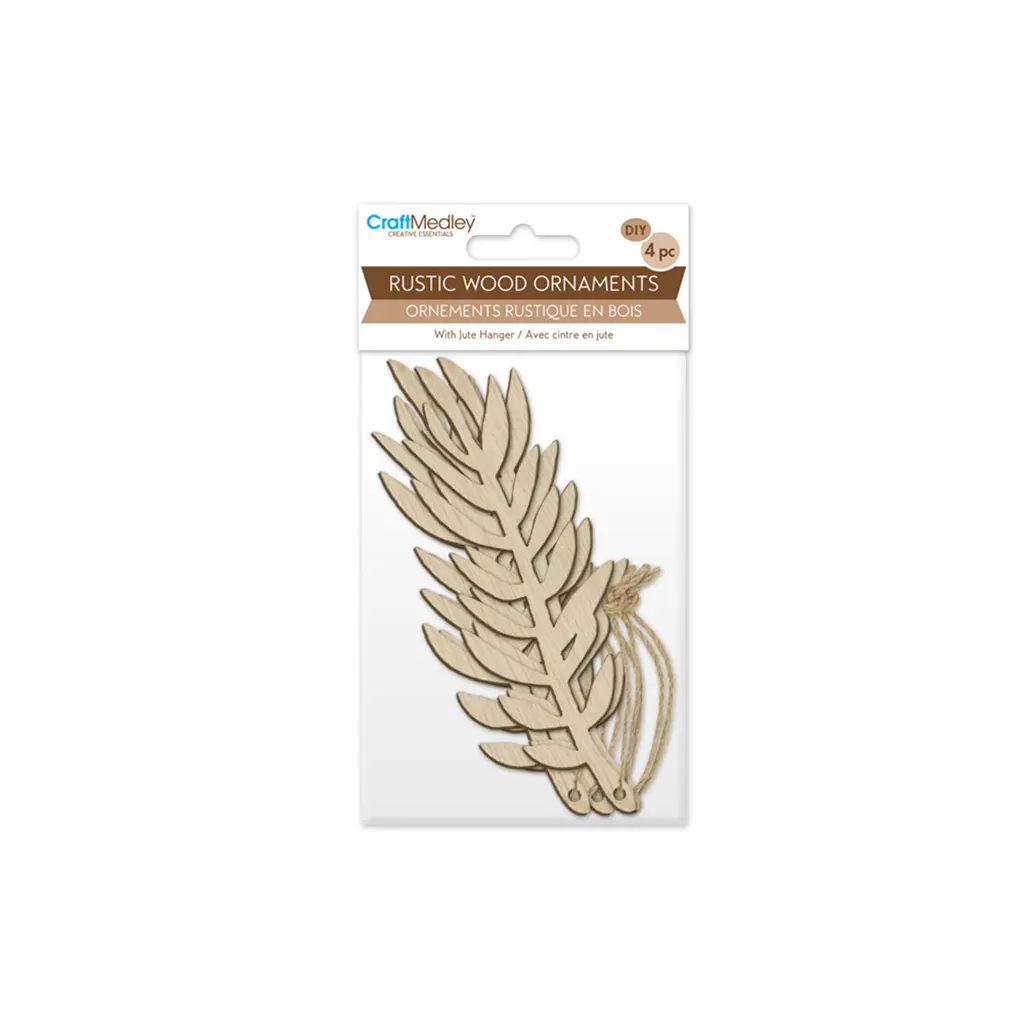 Wood Craft: Rustic Wood Ornaments 4pc w/Jute Cord Fern Leaf