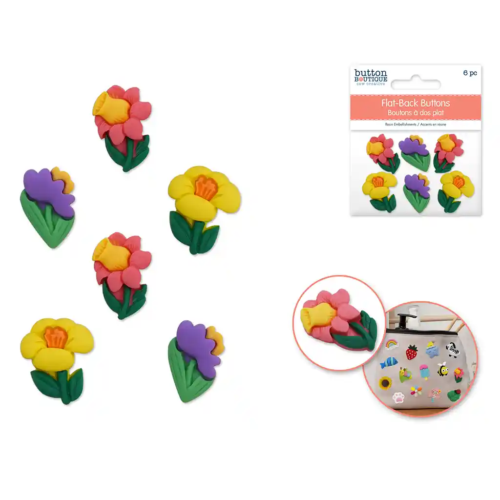 Button Boutique: Flat-Back Resin Embellishment Buttons 6pc Bloomin' Florals