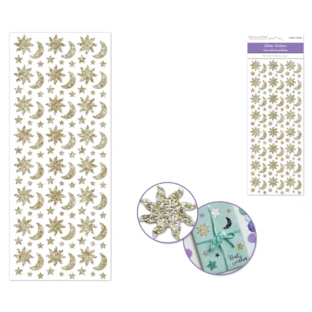 Paper Craft Sticker: 12.5cm x 30.5cm Glitter Shapes  Gold Celestial