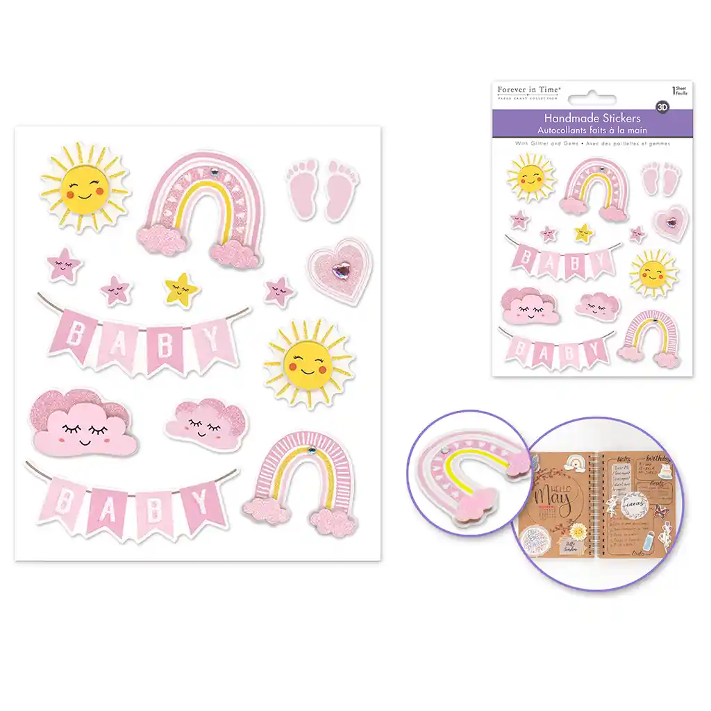 Paper Craft Sticker: 4.7in X 5.5in 3D Handmade W/Glitter + Gems Baby Girl