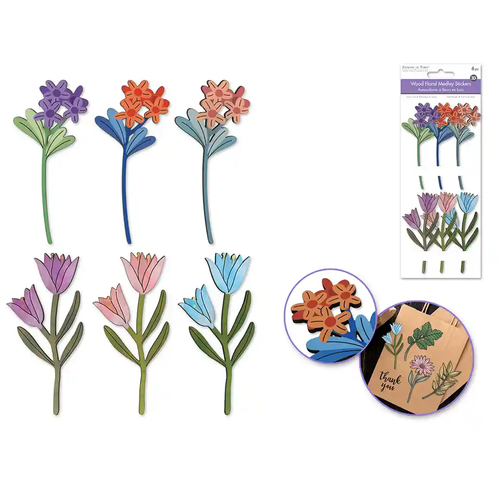 Handmade Sticker: 3.5in X 8.3in 3D Laser-Cut 6pc Wood Floral Medley Floral Burst