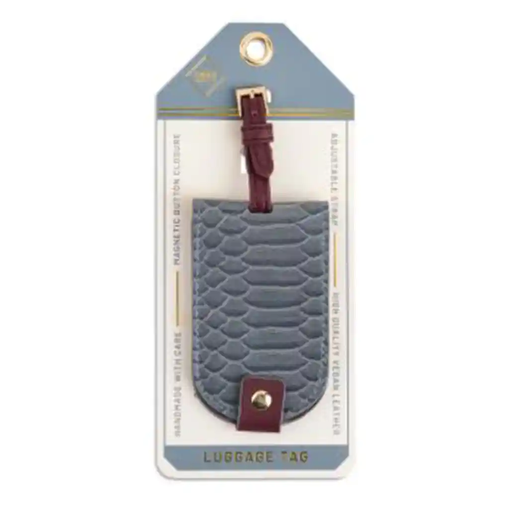 Round Flip Luggage Tag Gray Snake/Maroon Cowhide